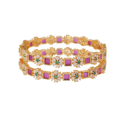 Orna Gold-Plated Floral Design Bangles with Ruby and Green Stone Embellishments - Set of 2