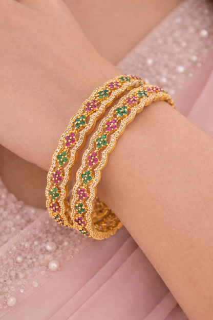 Orna Elegant Gold-Plated Bangles with Green and Pink Stones – Traditional Indian Jewelry Set