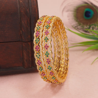 Orna Elegant Gold-Plated Bangles with Green and Pink Stones – Traditional Indian Jewelry Set