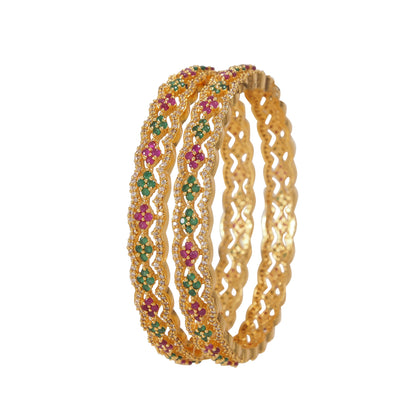 Orna Elegant Gold-Plated Bangles with Green and Pink Stones – Traditional Indian Jewelry Set