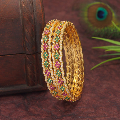 Orna Elegant Gold-Plated Bangles with Green and Pink Stones – Traditional Indian Jewelry Set