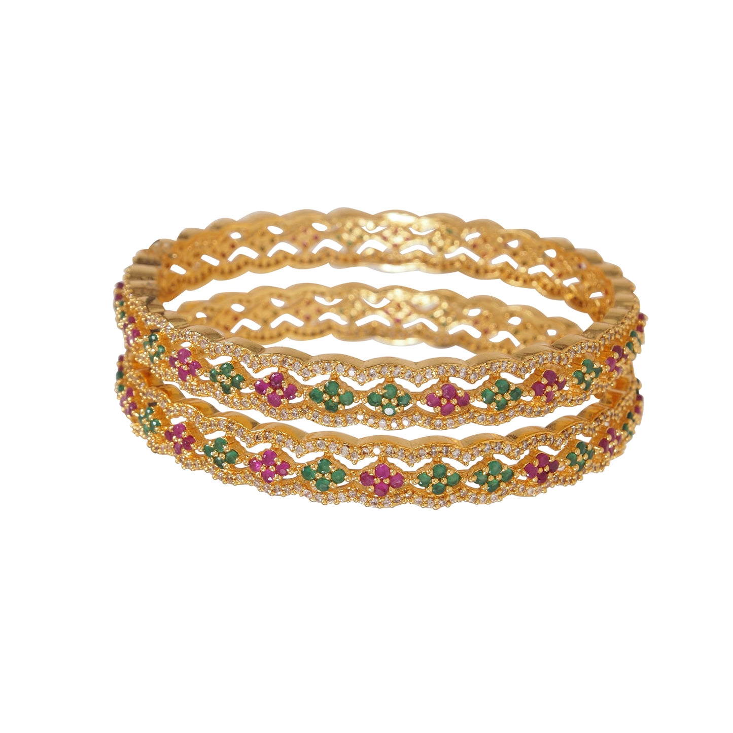 Orna Elegant Gold-Plated Bangles with Green and Pink Stones – Traditional Indian Jewelry Set