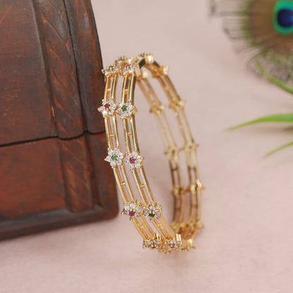 Gold-Plated Brass Bangles with Multicolour AD Floral Design