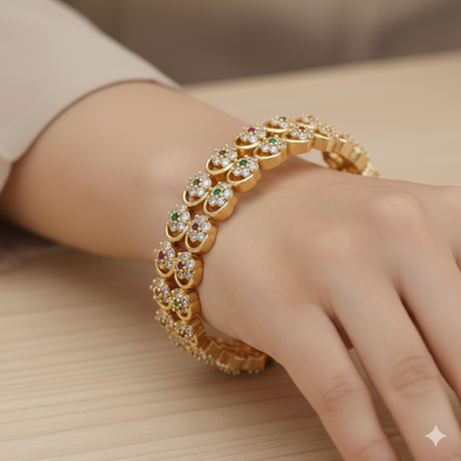 Orna Gold-Plated Brass Bangles with Multicolour AD Floral Design