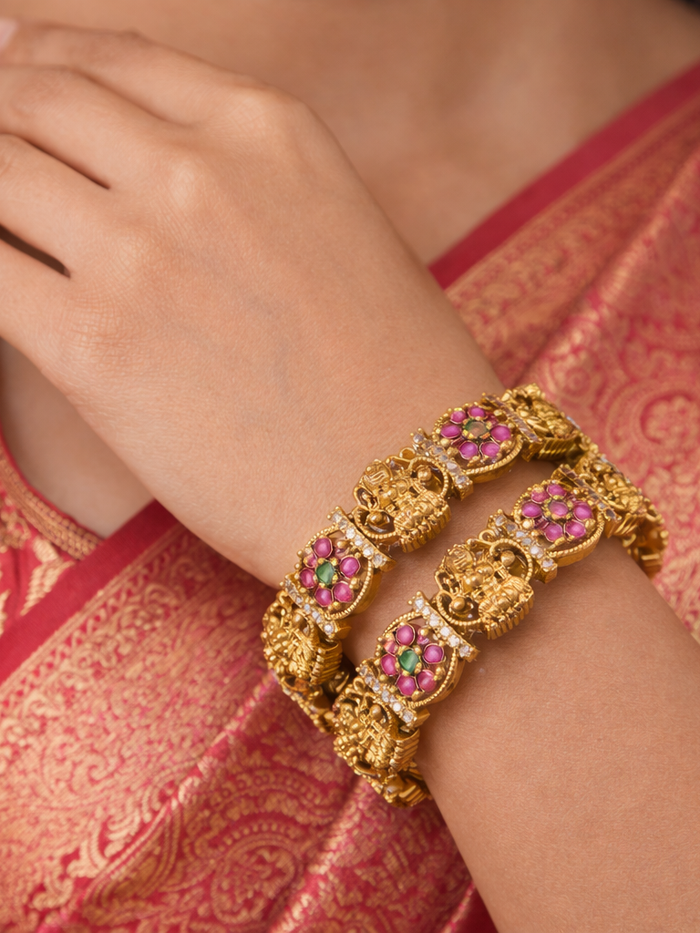 Matte Gold-Plated Brass Bangles with Ruby-Green AD Stones & Lakshmi Design