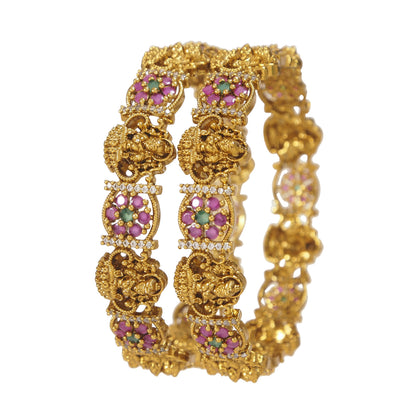 Matte Gold-Plated Brass Bangles with Ruby-Green AD Stones & Lakshmi Design