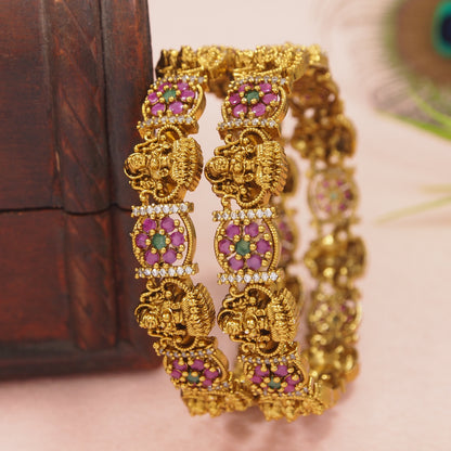 Matte Gold-Plated Brass Bangles with Ruby-Green AD Stones & Lakshmi Design