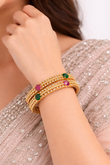 Micro Gold Plated Brass Bangles with Ruby & Green AD Stones
