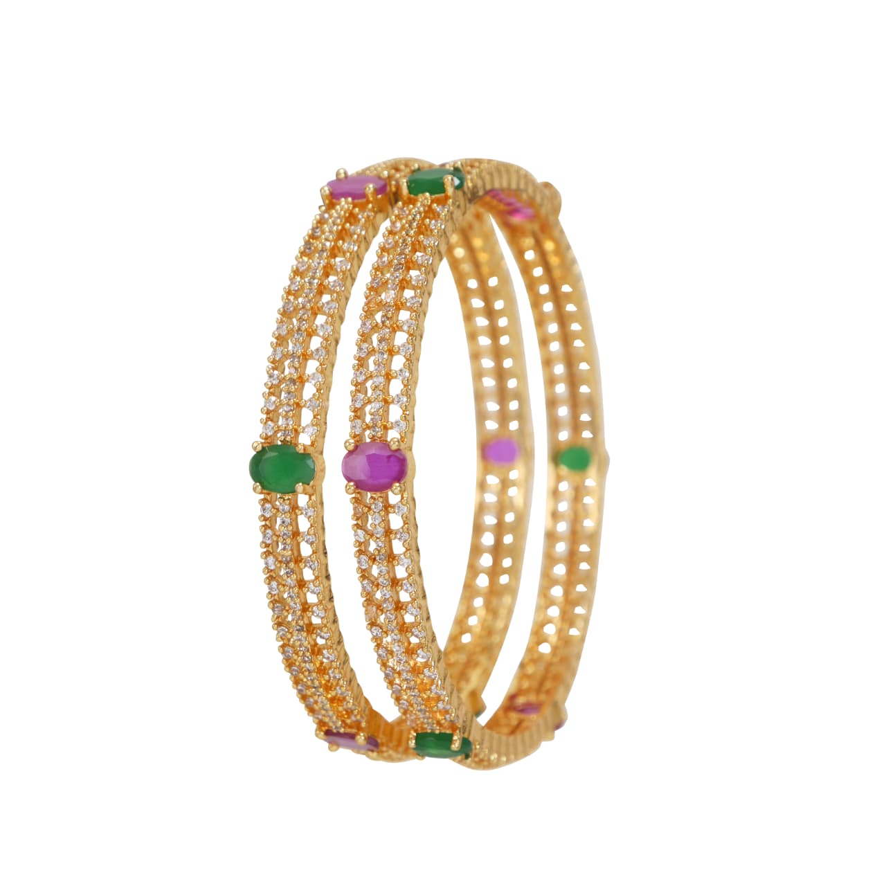 Micro Gold Plated Brass Bangles with Ruby & Green AD Stones