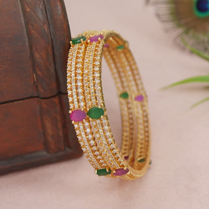 Micro Gold Plated Brass Bangles with Ruby & Green AD Stones