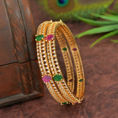 Micro Gold Plated Brass Bangles with Ruby & Green AD Stones