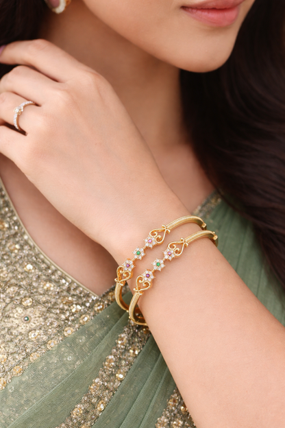 Gold-Plated Brass Bangles with Multicolour AD Floral Design