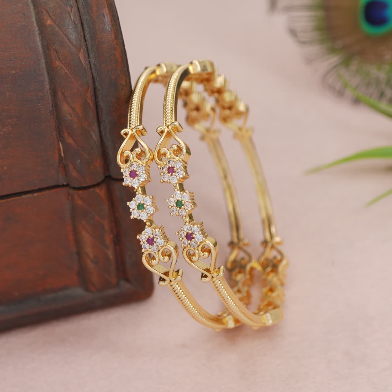 Gold-Plated Brass Bangles with Multicolour AD Floral Design