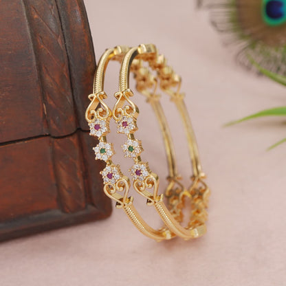 Gold-Plated Brass Bangles with Multicolour AD Floral Design