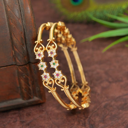 Gold-Plated Brass Bangles with Multicolour AD Floral Design