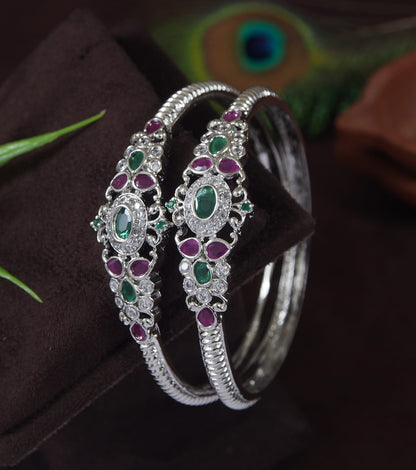 Orna American Diamond Silver Kada Bangle (Pack of 2)