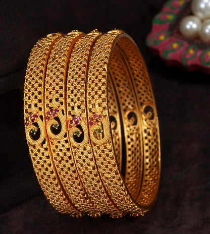 Brass Antique Matte Finish Designer Bangles with Intricate Floral Design(Pack of 4)