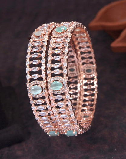 American Diamond Mint & White Brass Bangles with Rose Gold Polish