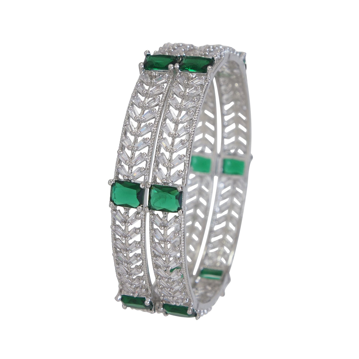 Orna American Diamond Silver Green Bangle (Pack of 2)