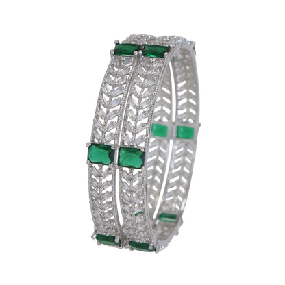 Orna American Diamond Silver Green Bangle (Pack of 2)