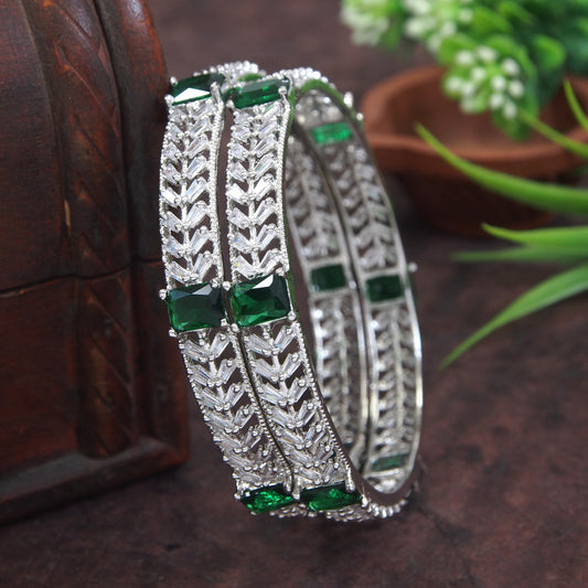 Orna American Diamond Silver Green Bangle (Pack of 2)