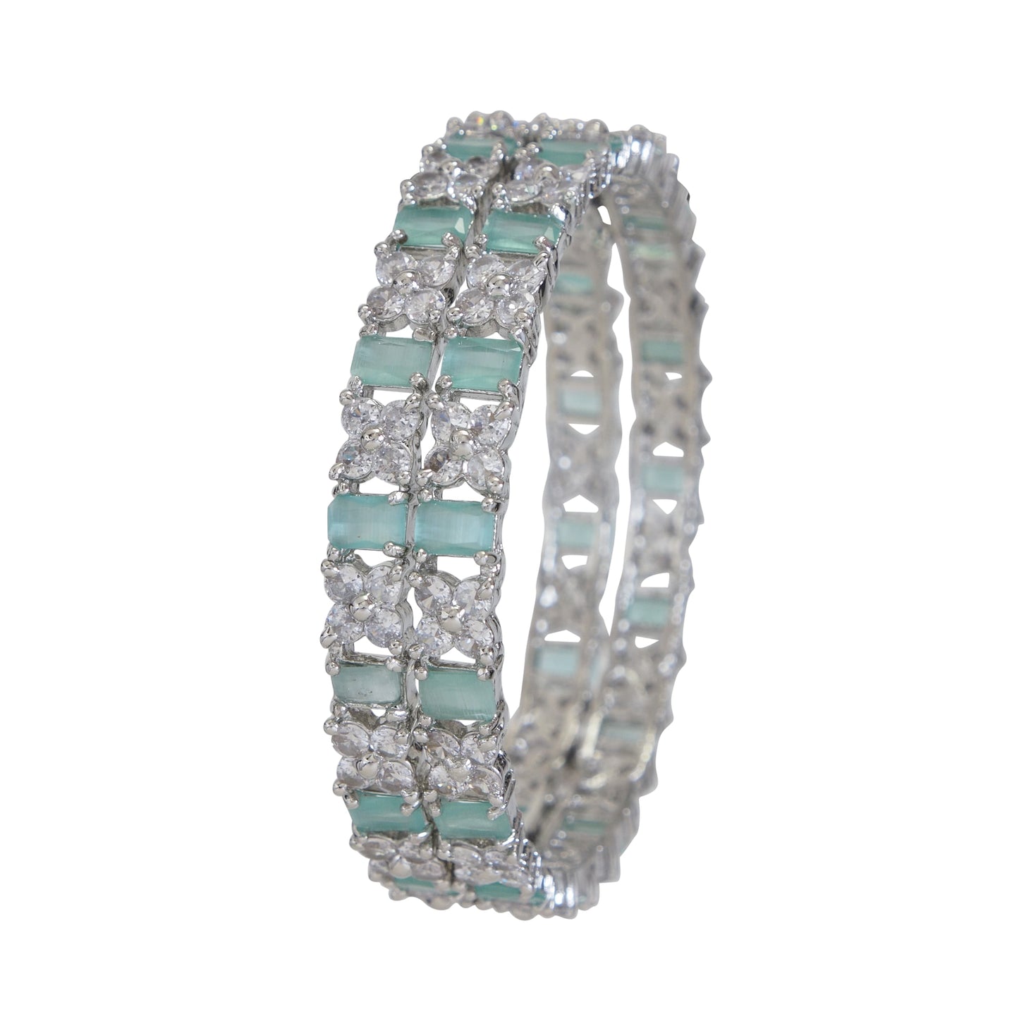 Orna American Diamond Silver Mint White Bangle Set (Pack of 2)