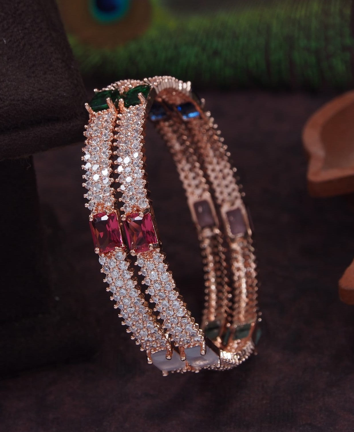 American Diamond Gold Brass Bangle Studded with Green and Ruby Stones