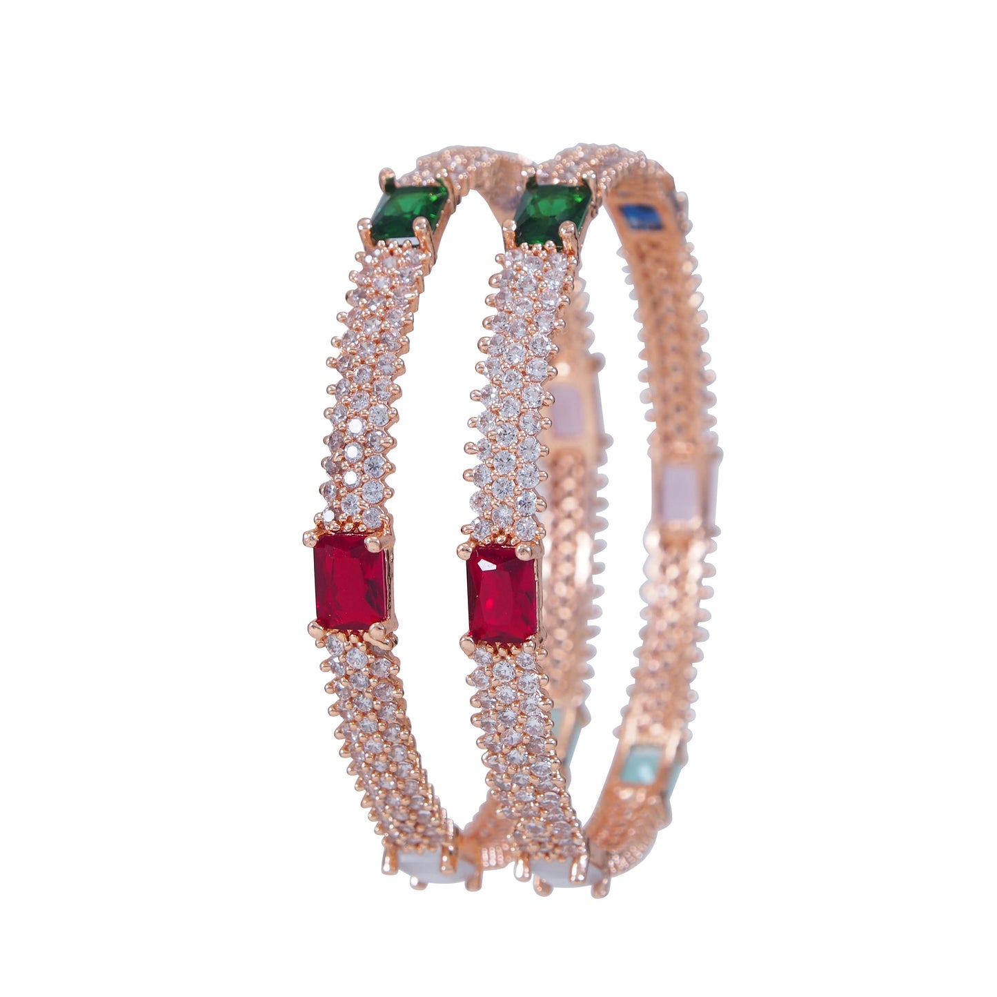 American Diamond Gold Brass Bangle Studded with Green and Ruby Stones