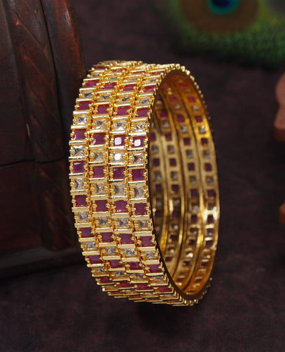 American Diamond Ruby White Gold Brass Bangle Set (Pack of 4)