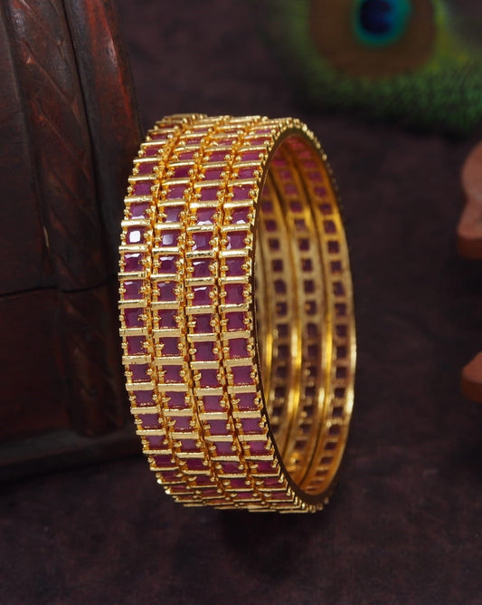 American Diamond Ruby Gold Brass Bangle Set (Pack of 4)