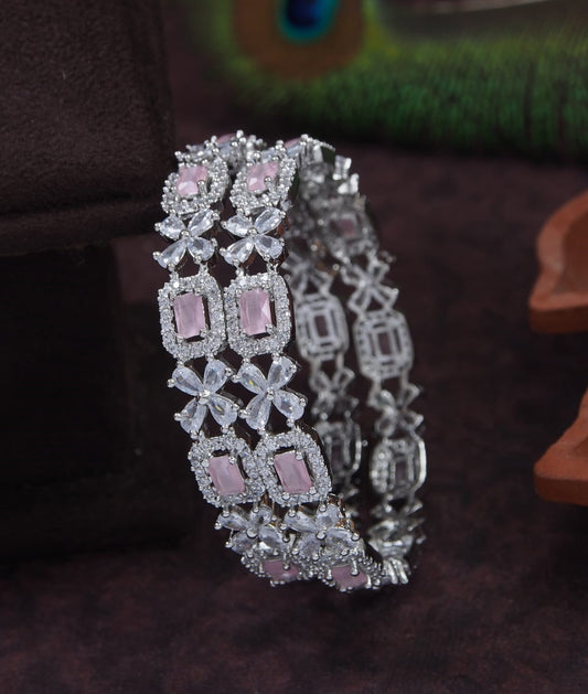 Orna American Diamond Silver Brass Bangle set studded Pink White diamond