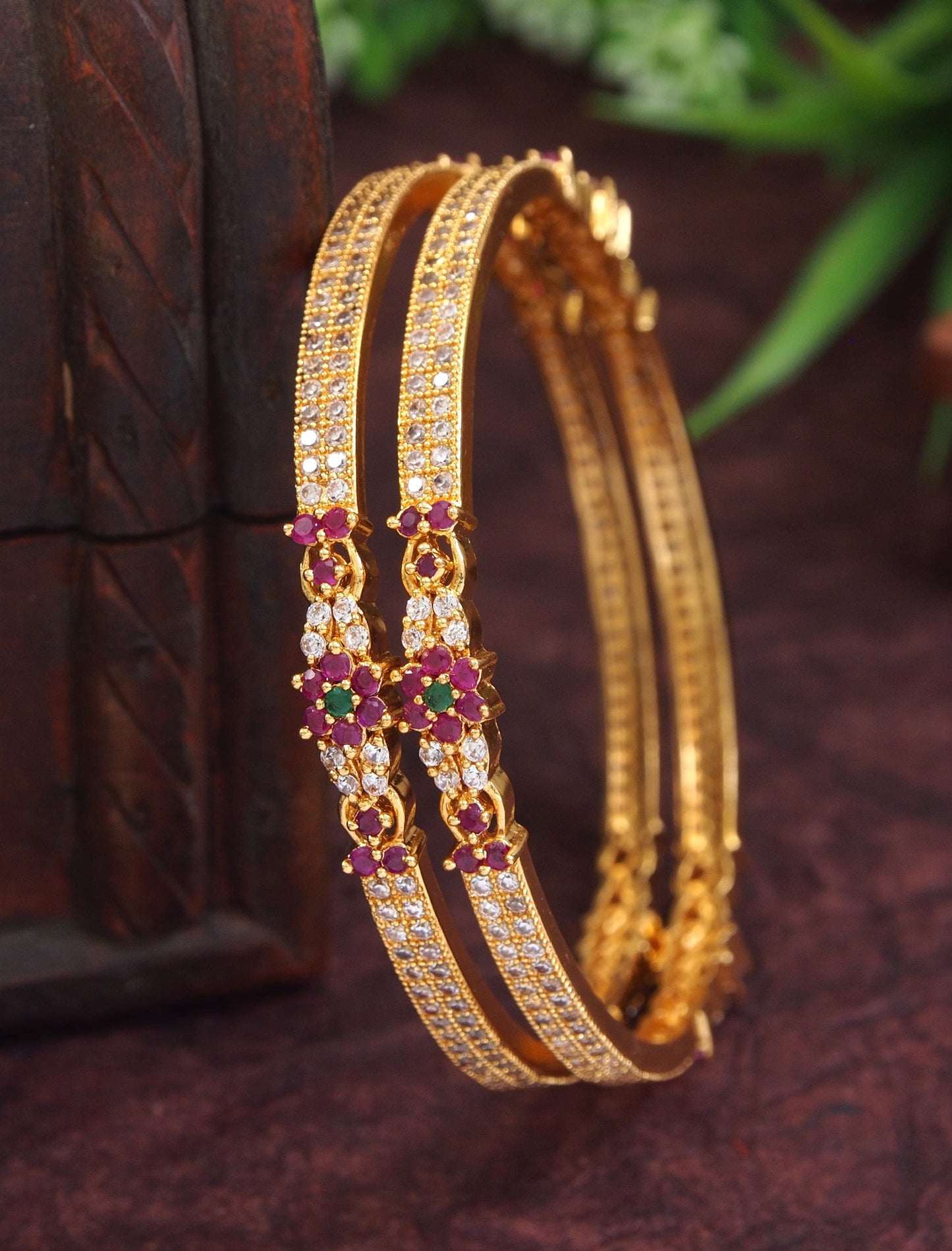 American Diamond Ruby White Gold Brass Bangle Set (Pack of 2)