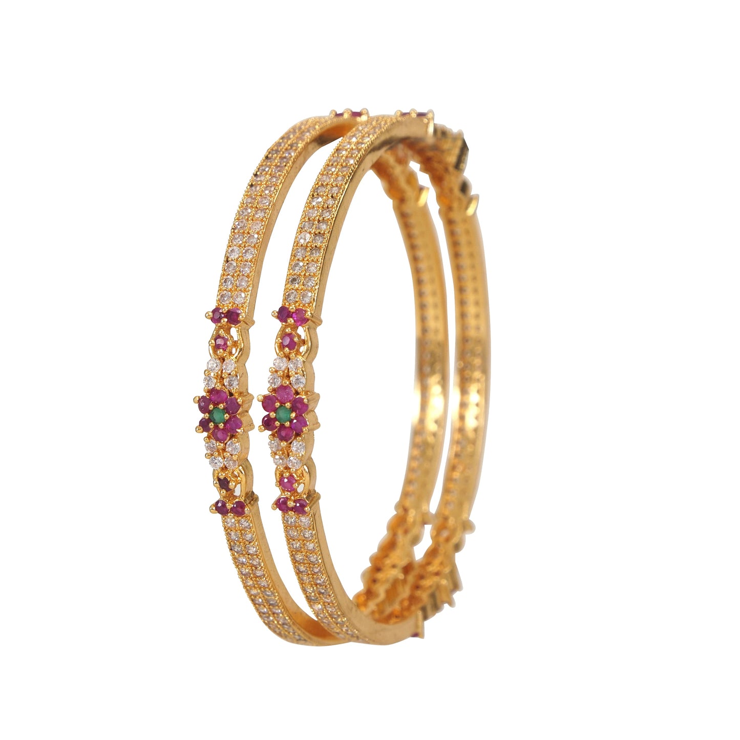 American Diamond Ruby White Gold Brass Bangle Set (Pack of 2)