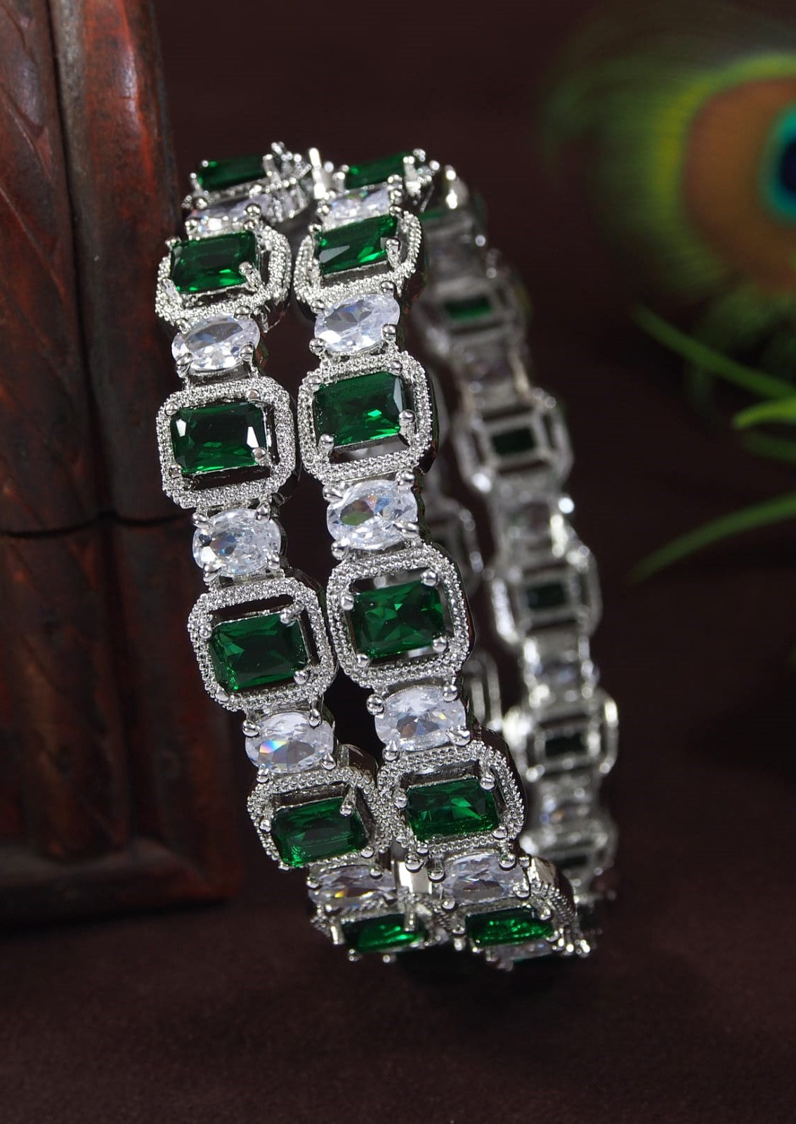 Emerald Green and White American Diamond Silver-Plated Bangles (Pack of 2)