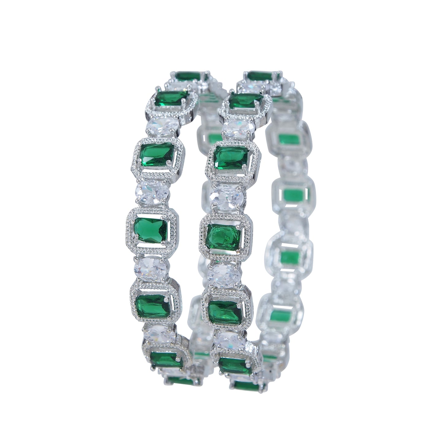 Emerald Green and White American Diamond Silver-Plated Bangles (Pack of 2)