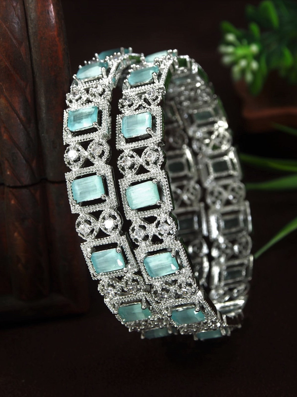 Mint and White American Diamond Silver-Plated Bangles (Pack of 2)