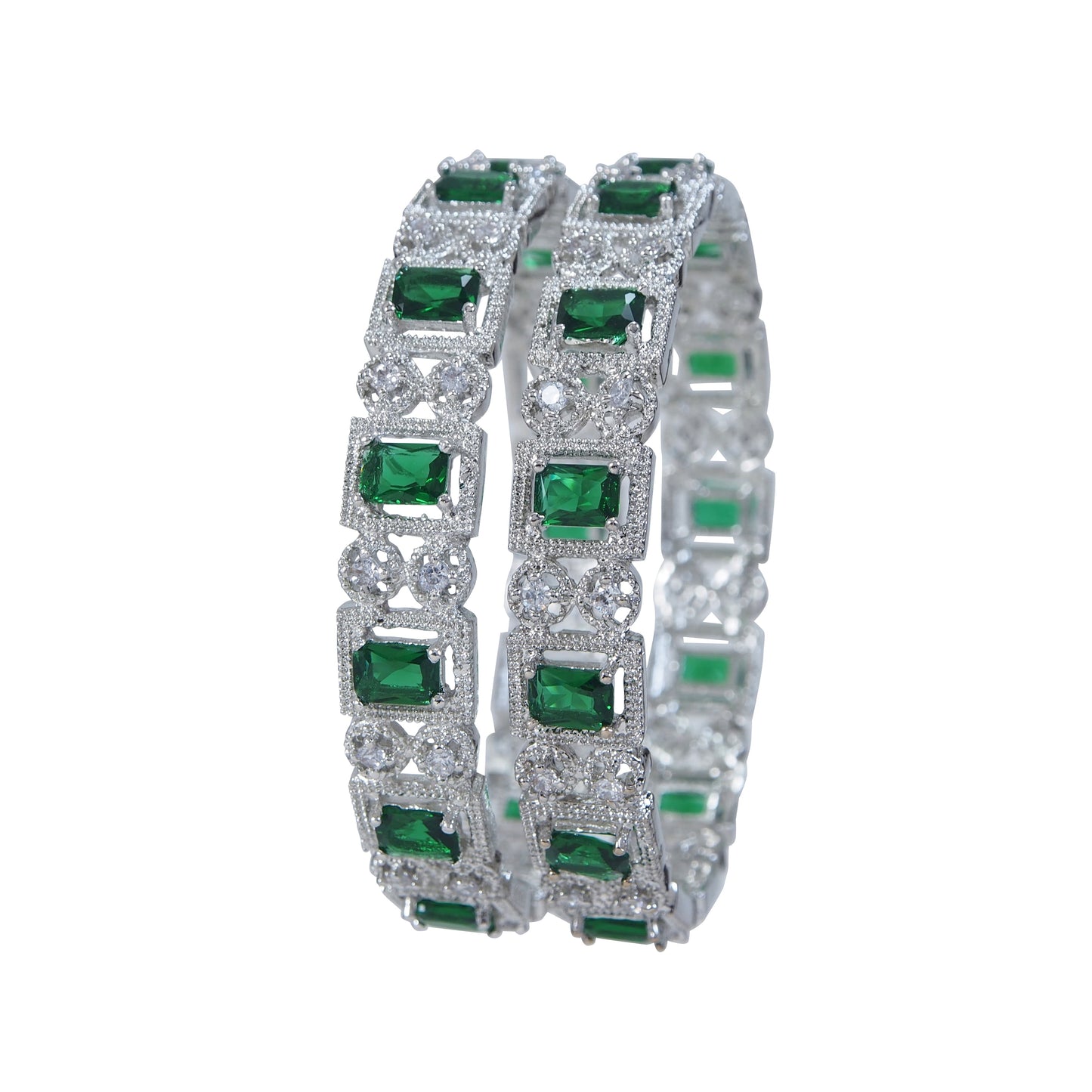 Emerald Green and White American Diamond Silver-Plated Bangles (Pack of 2)