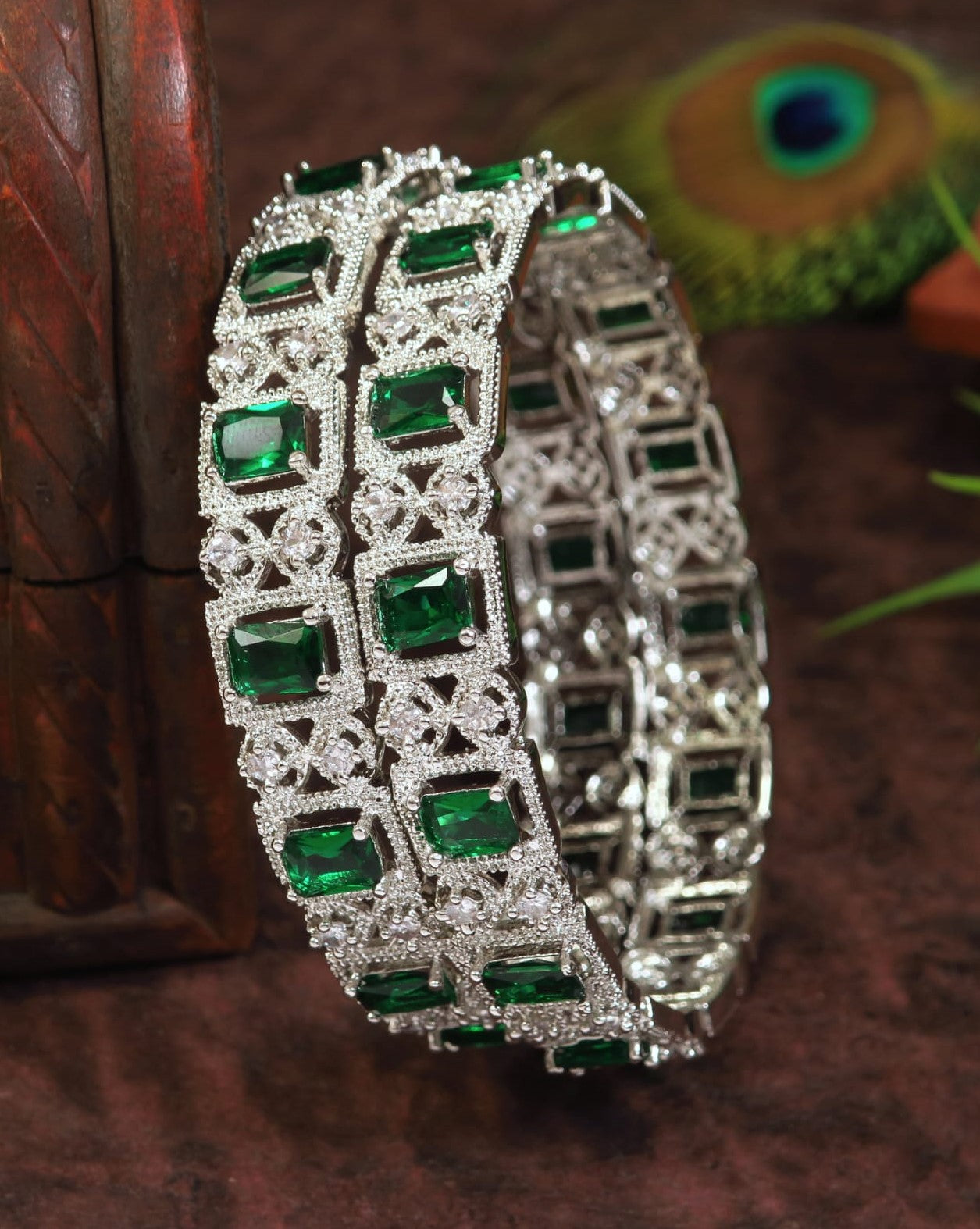 Emerald Green and White American Diamond Silver-Plated Bangles (Pack of 2)