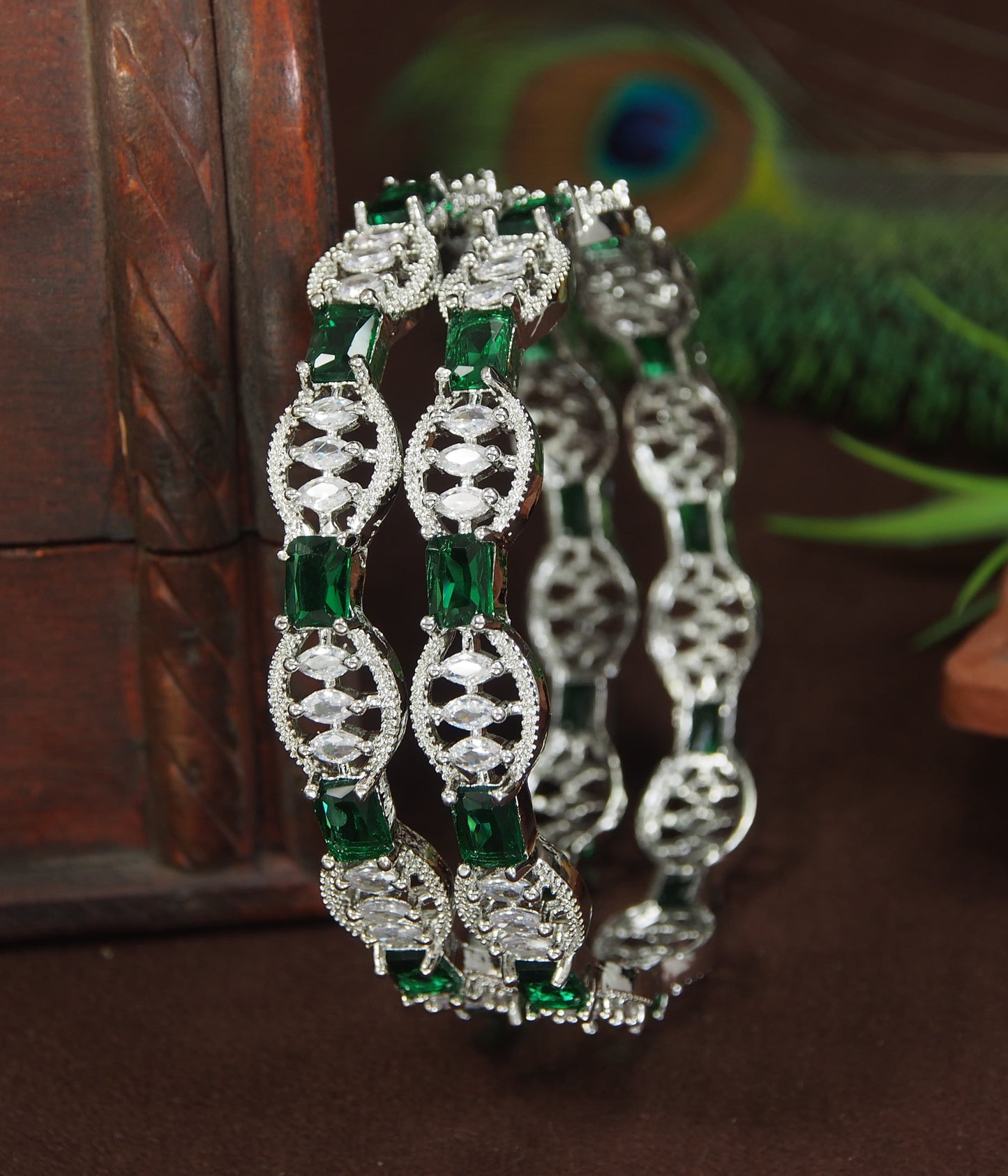 Emerald Green and White American Diamond Silver-Plated Bangles (Pack of 2)