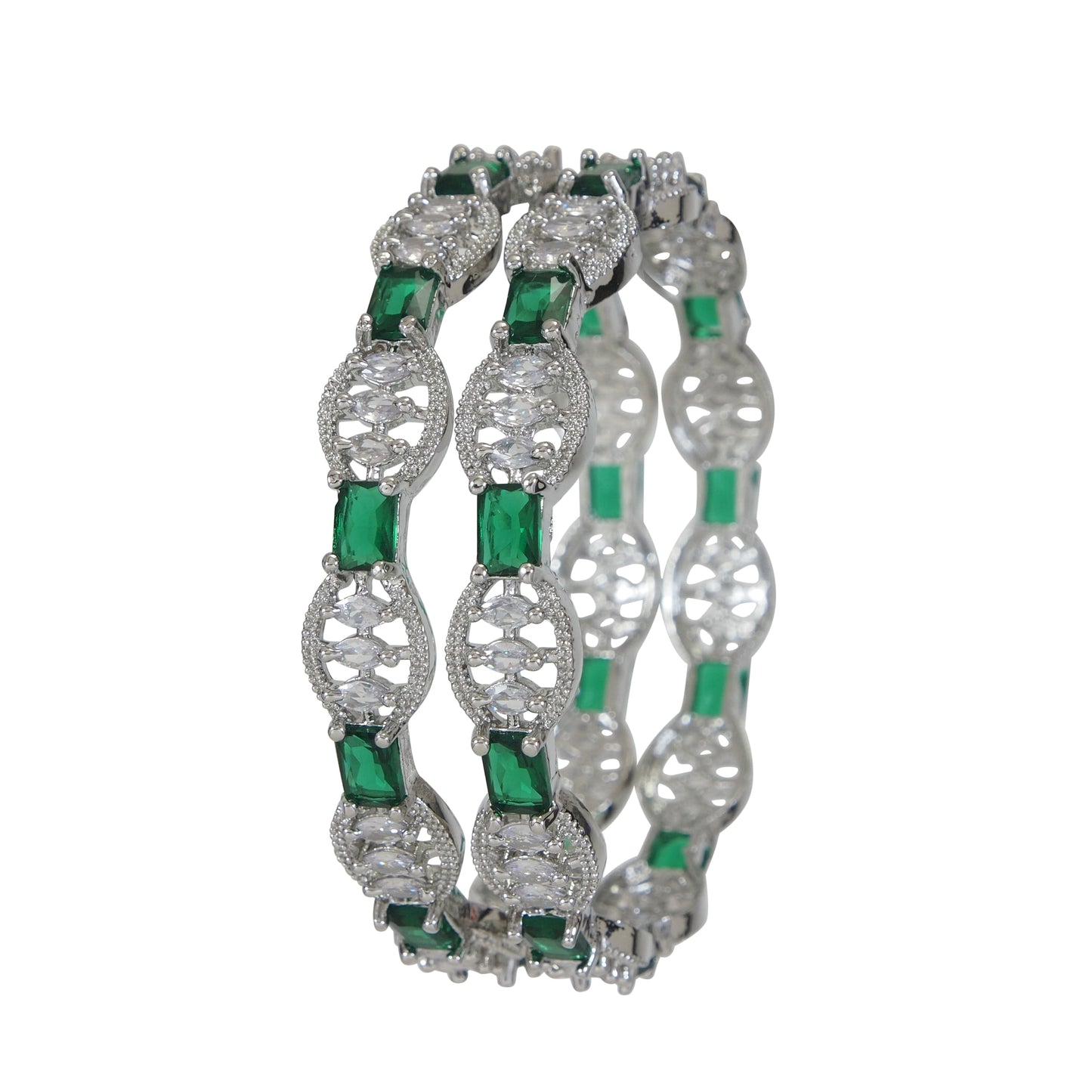 Emerald Green and White American Diamond Silver-Plated Bangles (Pack of 2)