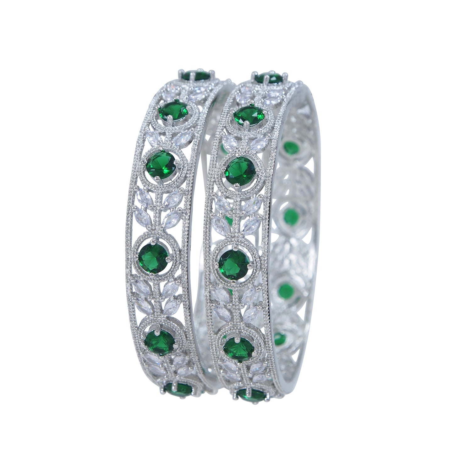 Emerald Green and White American Diamond Silver-Plated Bangles (Pack of 2)