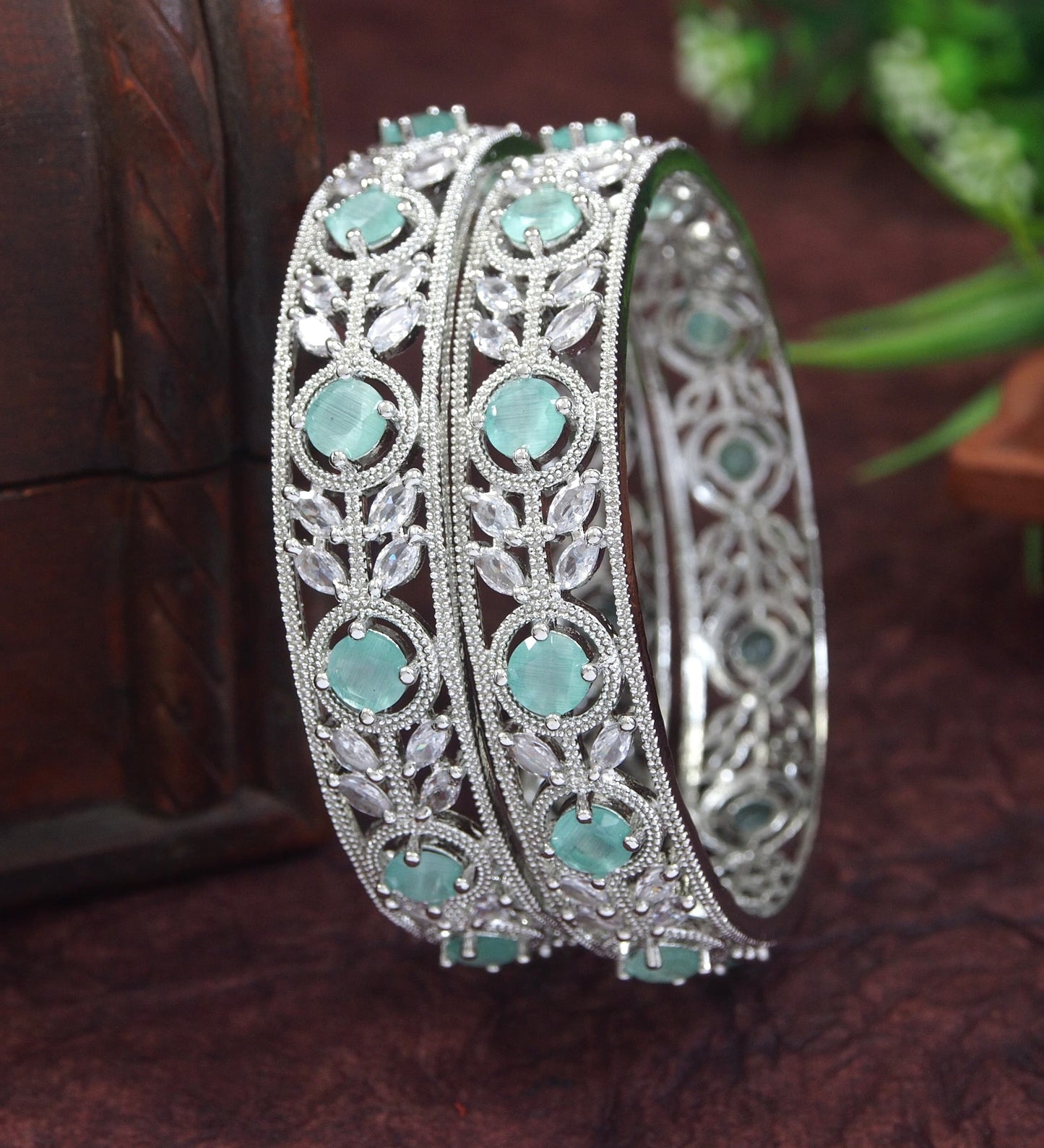 Mint-White American Diamond Silver-Plated Bangles (Pack of 2)