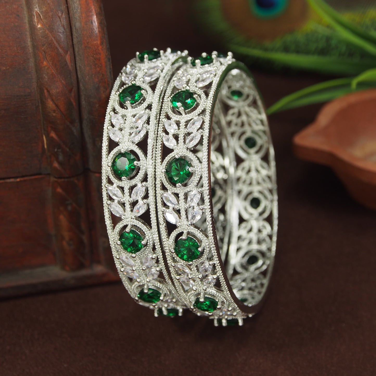 Emerald Green and White American Diamond Silver-Plated Bangles (Pack of 2)