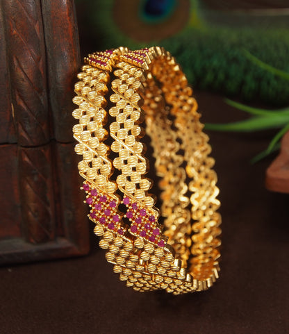 American Diamond Ruby Gold Brass Bangle Set (Pack of 2)