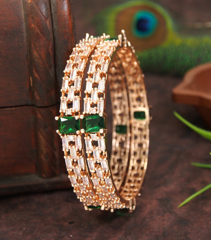 Elegant American Diamond Green Brass Rose Gold Polish Bangles (Set of 2)