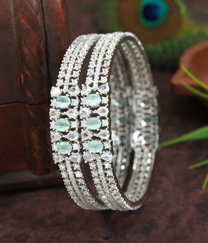 Radiant Silver-Toned Bangles with Mint Green and White Stones