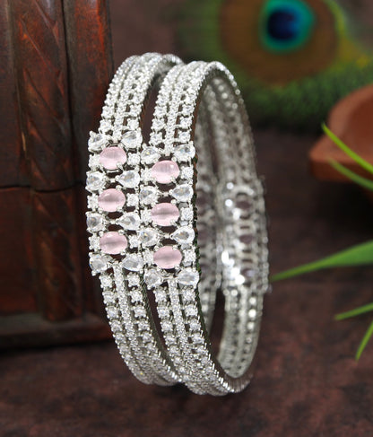 Radiant Silver-Toned Bangles with Mint Green and White Stones