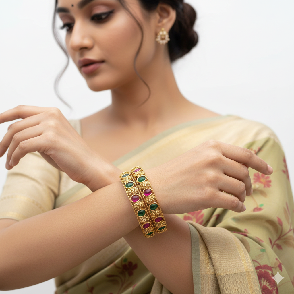Traditional Matte Gold Plated Brass Bangles for Women with Ruby & Green Kampo