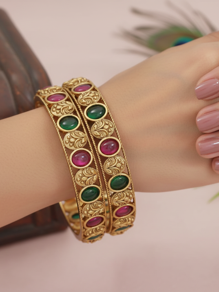 Traditional Matte Gold Plated Brass Bangles for Women with Ruby & Green Kampo