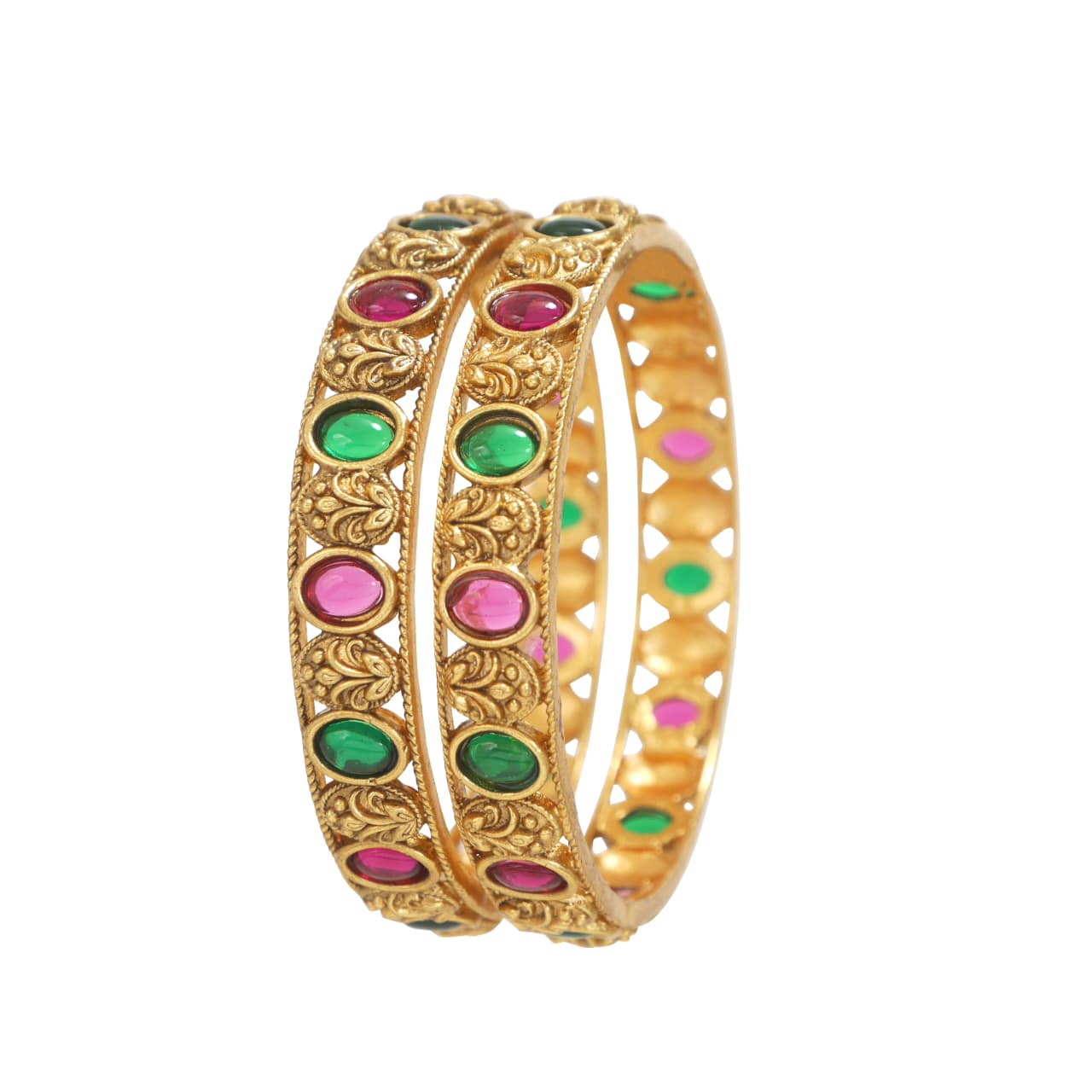Traditional Matte Gold Plated Brass Bangles for Women with Ruby & Green Kampo